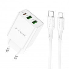 Мережевий зарядний пристрій BOROFONE BA70A Quick three-port PD20W(1C2A) charger set(C to iP) White