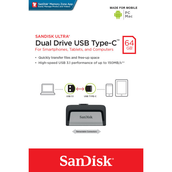 Флеш-накопичувач SanDisk USB 3.1 Ultra Dual Type-C 64Gb (150 Mb/s)