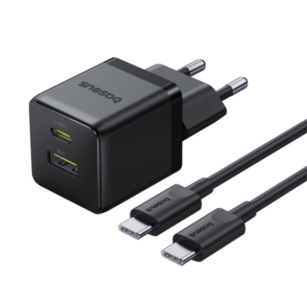 Мережевий зарядний пристрій Baseus Palm Fast Charger C+U 30W EU Cluster Black (with Baseus Mini White Cable USB-C to USB-C 60W (20V/3A) 1m)