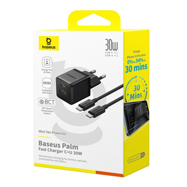 Мережевий зарядний пристрій Baseus Palm Fast Charger C+U 30W EU Cluster Black (with Baseus Mini White Cable USB-C to USB-C 60W (20V/3A) 1m)