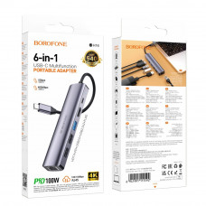 USB Hub Borofone DH16 6-в-1 Type-C to HDMI+PD+USB3.0+USB2.0*2+RJ45(L=0.15M) Мятая упаковка