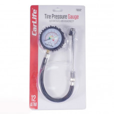 Манометр металевий вантажний 12атм "CarLife" (гнучкий шланг/двох сторонній наконечник) TG-582/хром