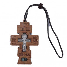 Хрест дерев'яний на дзеркало заднього виду на нитці з камінням під склом (7,5х5см)