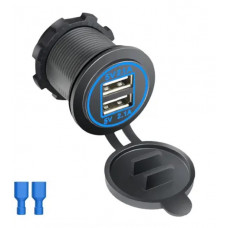 Гніздо під 2 USB DC 12-24V/5V 2,1-1A, підсвічування з різьбою SF-50-2 BLUE