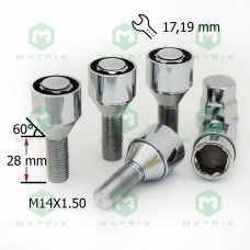 Болт секретний 14х1,5х28 хром конус (оберт. кільце, 2 ключі) (4 шт) (блиск) 374110 X2