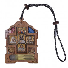 Ікона оберіг на нитці на дзеркало заднього виду дерево + 5 образів+ладан+масло (5,3*7,0см)