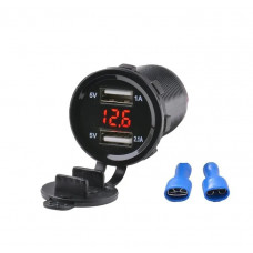 Гніздо під 2 USB DC 12-24V/5V 2,1-2,1A зелений підсвічування,Вольтметр,з різьбою А16G