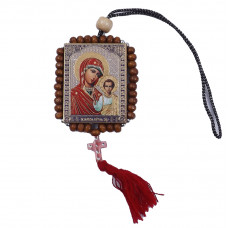 Ікона оберіг на нитці на дзеркало заднього виду з чотками образ з 2-х сторін дерево(4х5,5см)