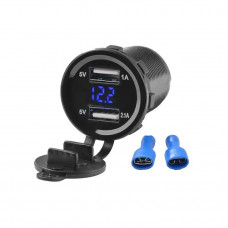 Гніздо під 2 USB DC 12-24V/5V 2,1-2,1A синє підсвічування,Вольтметр, з різьбою А16В