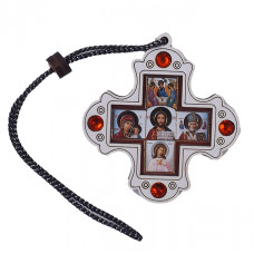 Хрест дерев'яний на дзеркало заднього виду на нитці з каміням + 5 образів (7х6см)