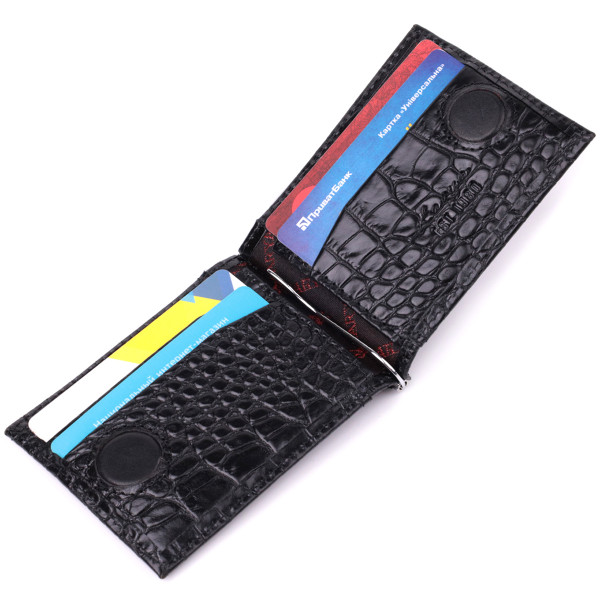 Удобный мужской зажим из натуральной фактурной кожи под крокодила KARYA 22886 Черный