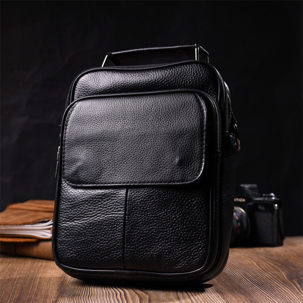Практичный мужской мессенджер из натуральной кожи Vintage 21950 Черный