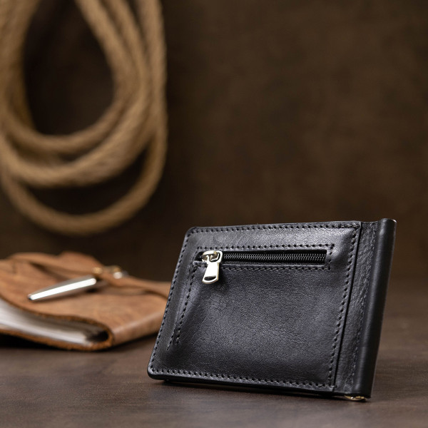 Мужской зажим для денег с монетницей GRANDE PELLE 11548 Черный