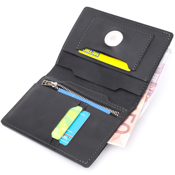 Добротное кожаное портмоне с держателем для Apple AirTag GRANDE PELLE 11623 Черный