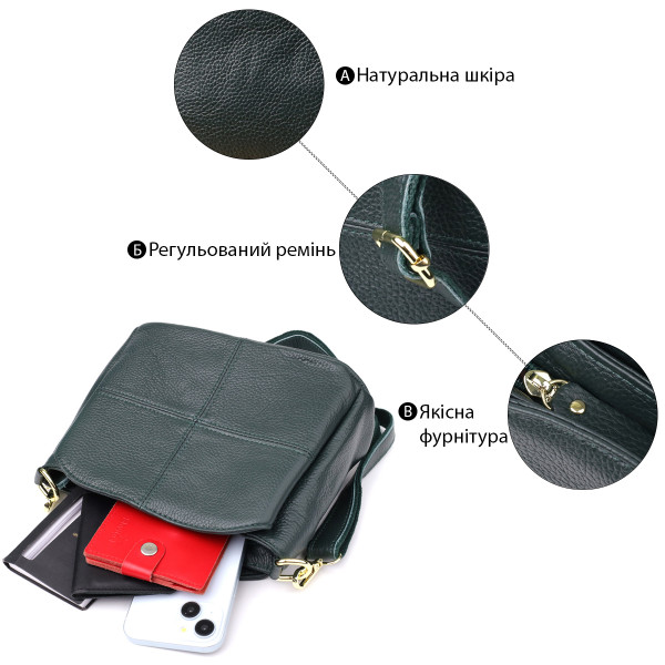 Элегантная кожаная сумка для женщин с тремя отделениями Vintage 22977 Зеленый