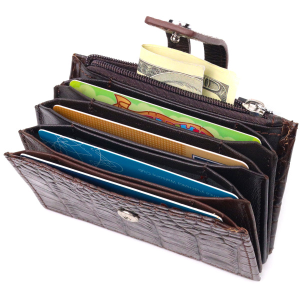 Оригинальный картхолдер из натуральной кожи с тиснением под крокодила KARYA 21330 Коричневый