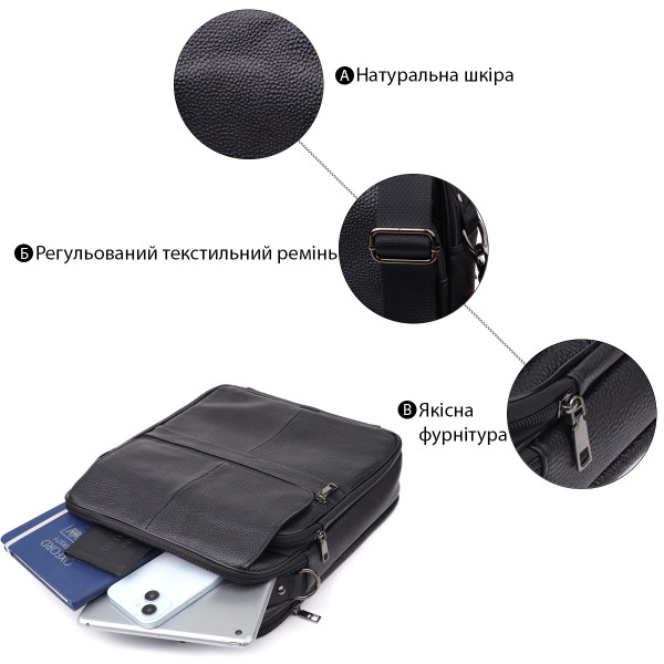 Мужская сумка с ручкой для переноса в руке из натуральной кожи Vintage 23026 Черный