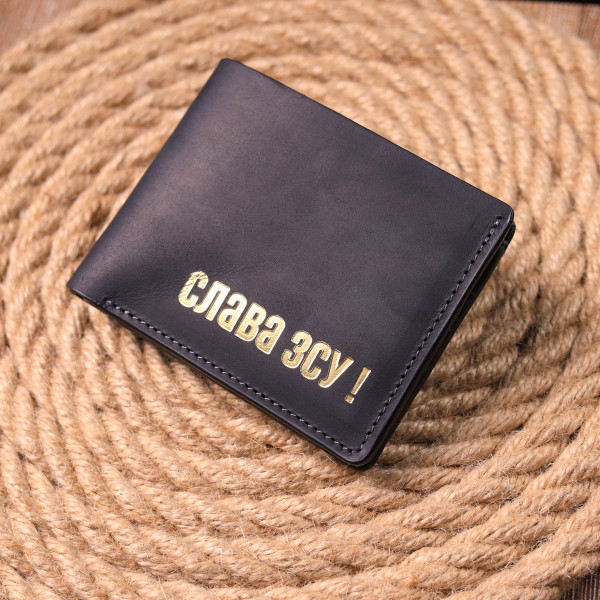 Добротное кожаное портмоне из винтажной кожи в два сложения Слава ЗСУ GRANDE PELLE 16734 Черный