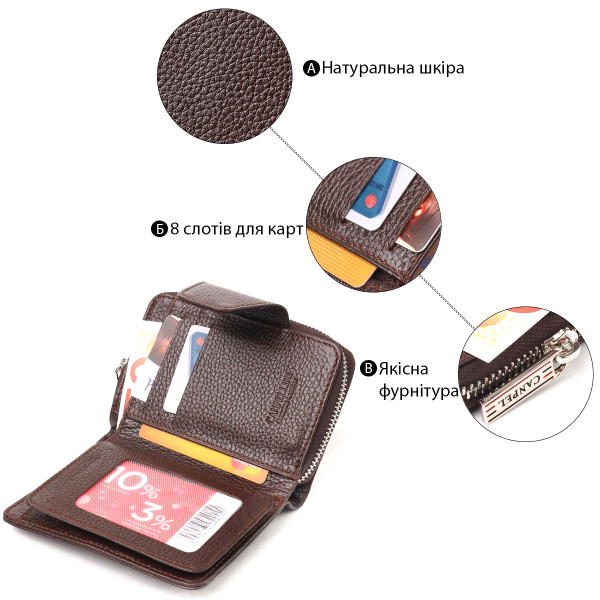 Красивое вертикальное портмоне для женщин с монетницей на молнии из натуральной кожи флотар CANPELLINI 21600 Коричневое