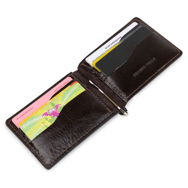 Мужской практичный зажим для денег GRANDE PELLE 11403 Темно-коричневый