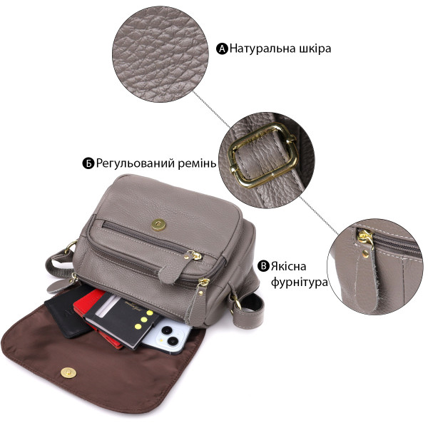 Практичная сумка из натуральной кожи для стильных женщин Vintage 22974 Серый