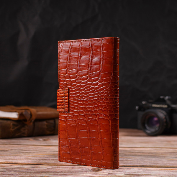 Лакированное вертикальное мужское портмоне из натуральной фактурной кожи с тиснением под крокодила CANPELLINI 21719 Коричневое