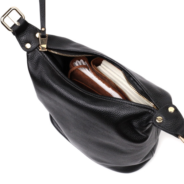 Вместительная женская сумка с одной длинной ручкой из натуральной кожи Vintage 22305 Черная