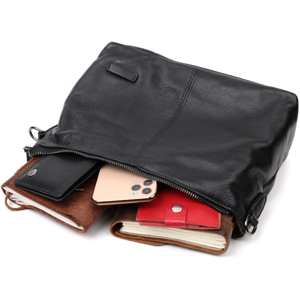 Повседневная кожаная женская сумка с двумя съемными ремнями Vintage 22379 Черная