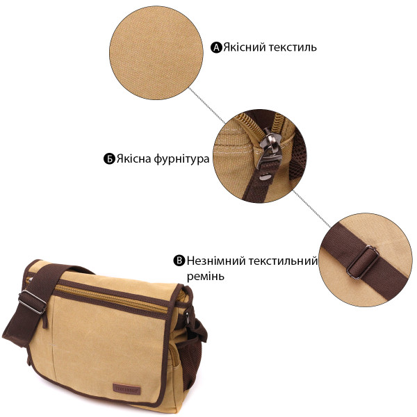 Практичная сумка через плечо для ноутбука 13" из плотного текстиля Vintage 22202 Песочный
