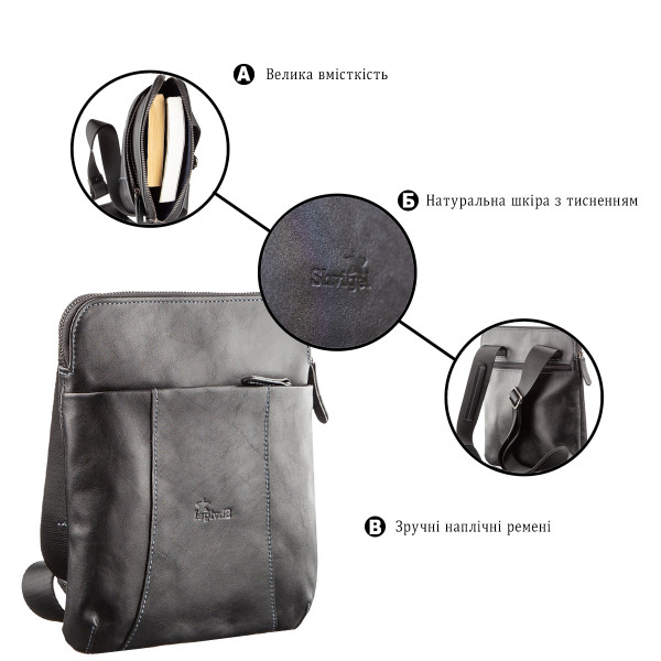 Вертикальный мужской мессенджер из винтажной кожи Shvigel 11177 Черный