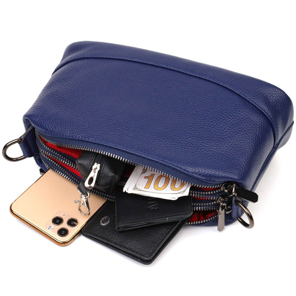 Шикарная сумка на три отделения из натуральной кожи 22137 Vintage Синяя