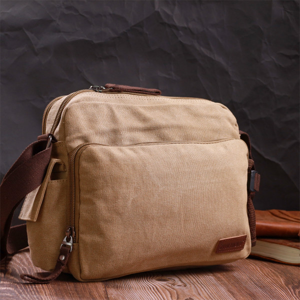 Функциональная мужская сумка мессенджер из плотного текстиля Vintage 22206 Песочный