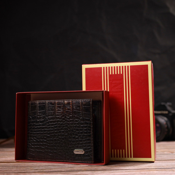 Фактурный мужской кошелек без застежки горизонтального формата из натуральной кожи с тиснением под крокодила CANPELLINI 21759 Коричневый