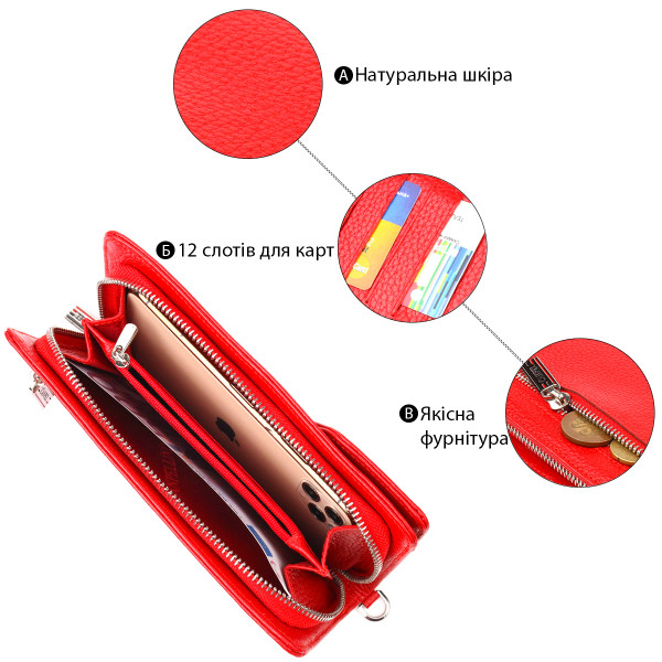 Вместительное женское портмоне клатч из натуральной кожи CANPELLINI 21535 Красное