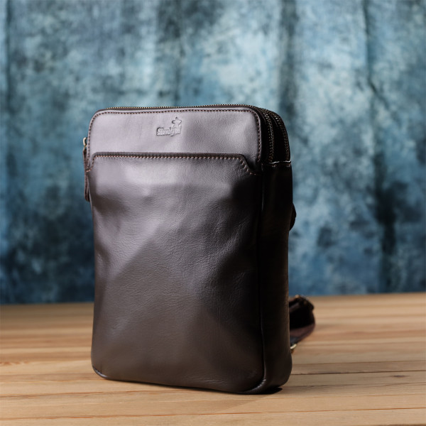 Вертикальная мужская сумка через плечо из гладкой натуральной кожи Shvigel 20868_1 Коричневый