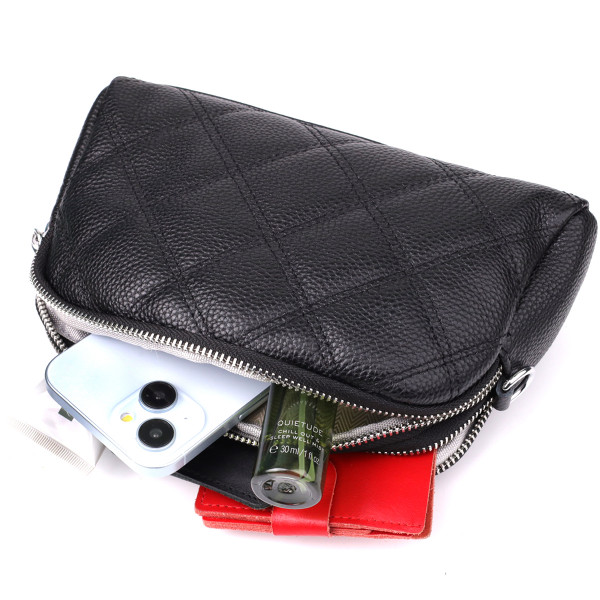 Стильная женская сумка прошитая ромбами из натуральной кожи Vintage 22930 Черный