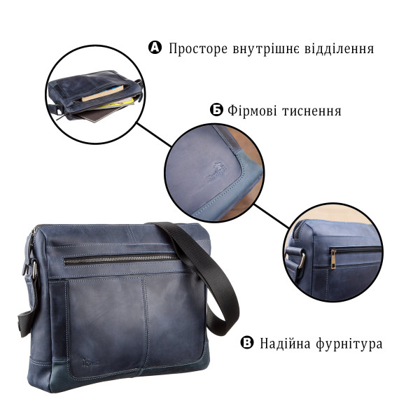 Деловая мужская кожаная сумка на плечо SHVIGEL 11249 Синяя
