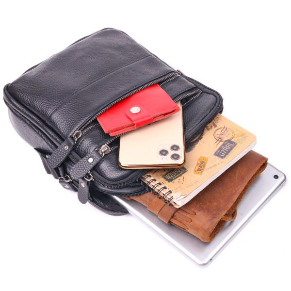 Стильная мужская сумка из натуральной зернистой кожи 21398 Vintage Черная