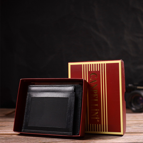 Практичный компактный кошелек с вкладышем для удостоверения для мужчин из натуральной гладкой кожи CANPELLINI 21876 Черный