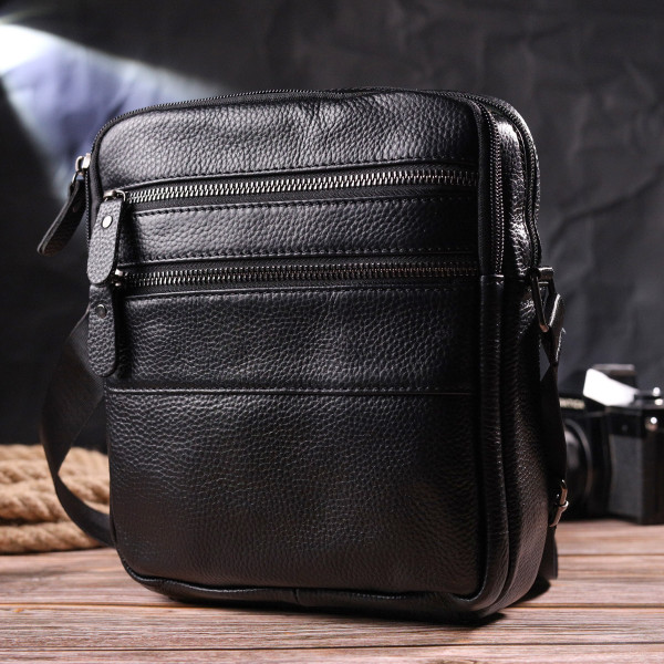 Стильная мужская сумка из натуральной зернистой кожи 21398 Vintage Черная