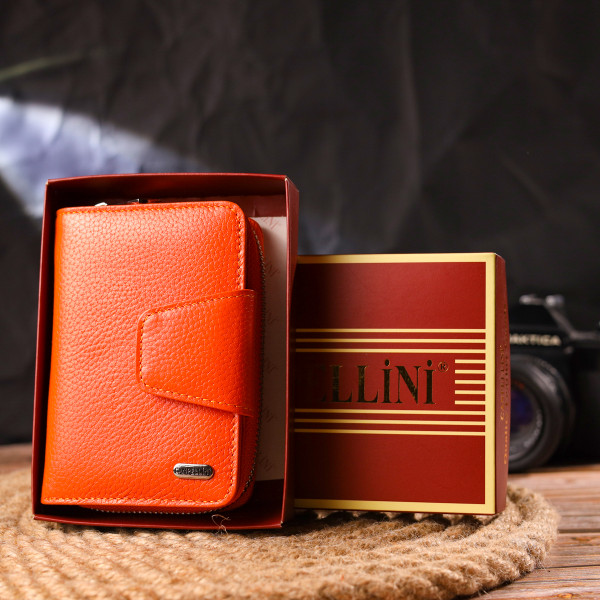 Яркое вертикальное портмоне для женщин с монетницей на молнии из натуральной кожи флотар CANPELLINI 21602 Оранжевое