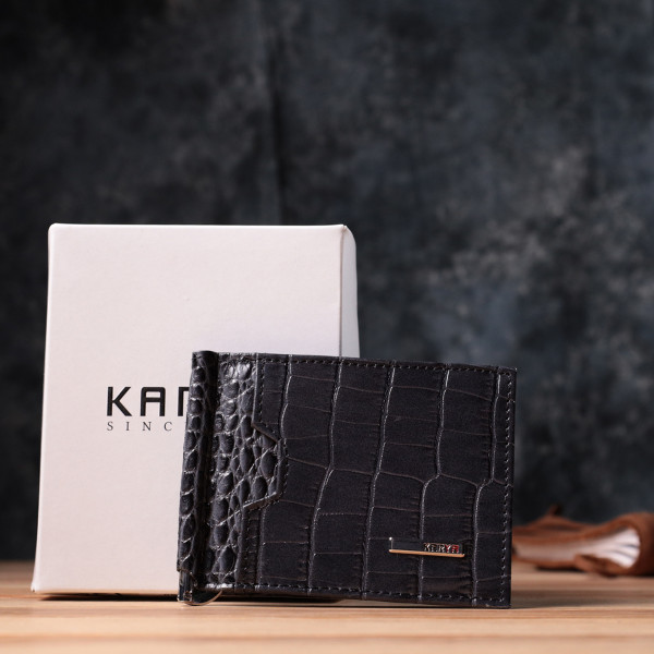 Практичный мужской кошелек-зажим из натуральной кожи KARYA 22851 Серый