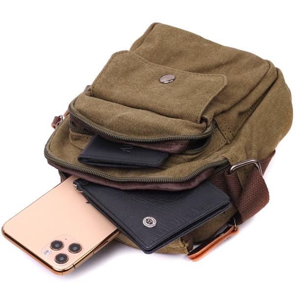 Интересная небольшая мужская сумка из плотного текстиля Vintage 22219 Оливковый