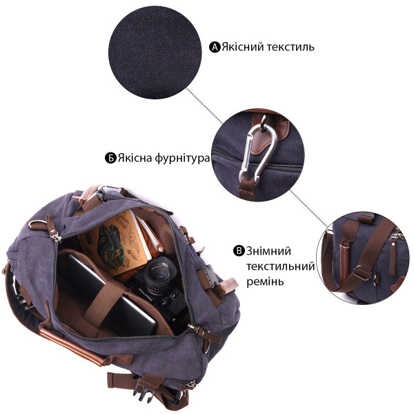 Большой рюкзак-трансформер в стиле милитари из плотного текстиля Vintage 22157 Черный